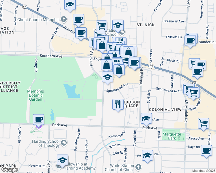 map of restaurants, bars, coffee shops, grocery stores, and more near 699 Oakleaf Office Lane in Memphis