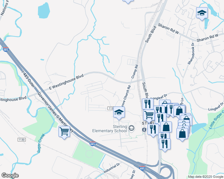 map of restaurants, bars, coffee shops, grocery stores, and more near 929 Sterling Ln in Pineville