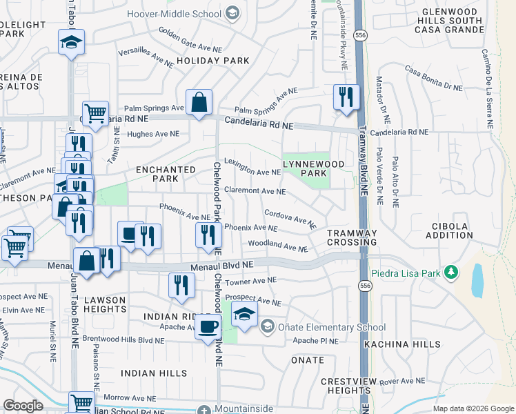 map of restaurants, bars, coffee shops, grocery stores, and more near 2517 Landman Drive Northeast in Albuquerque