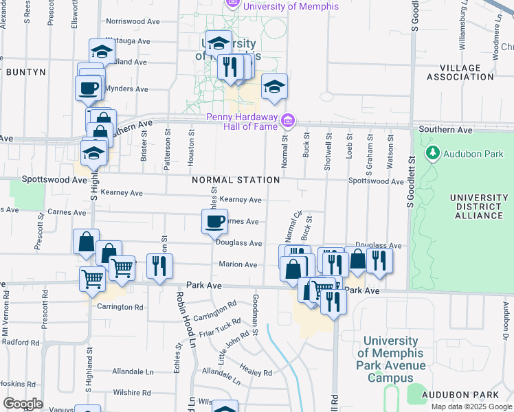map of restaurants, bars, coffee shops, grocery stores, and more near 3803 Kearney Avenue in Memphis