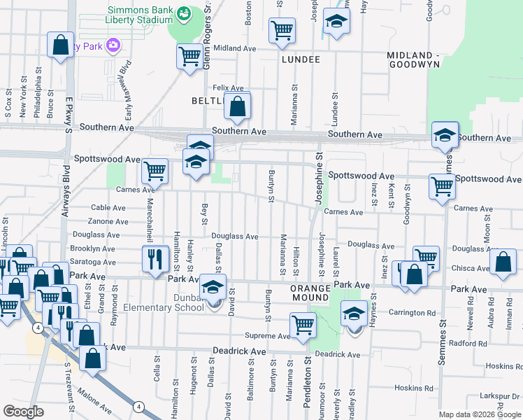 map of restaurants, bars, coffee shops, grocery stores, and more near 733 Baltimore Street in Memphis