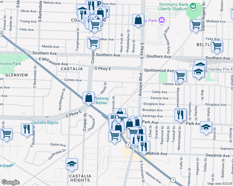 map of restaurants, bars, coffee shops, grocery stores, and more near 2240 Zanone Avenue in Memphis