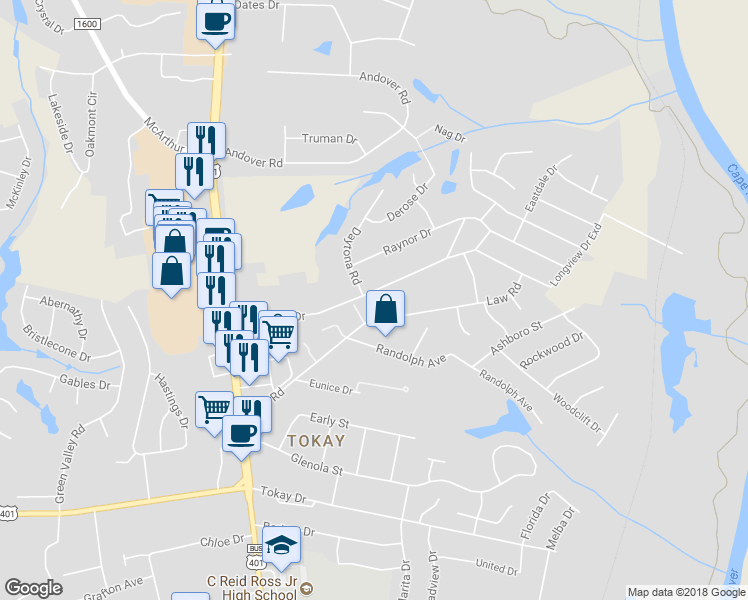 map of restaurants, bars, coffee shops, grocery stores, and more near 406 Longview Drive in Fayetteville