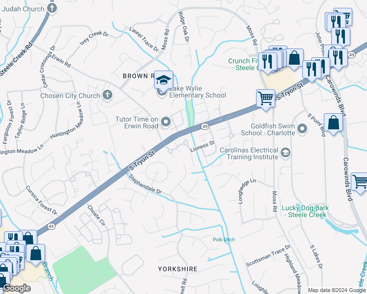 map of restaurants, bars, coffee shops, grocery stores, and more near 13341 Erwin Road in Charlotte