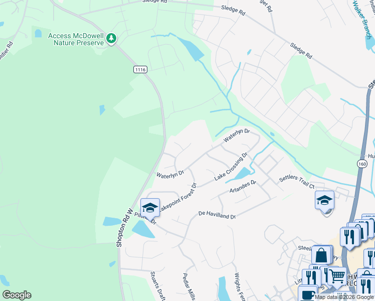 map of restaurants, bars, coffee shops, grocery stores, and more near 15215 Edgewater Forest Lane in Charlotte