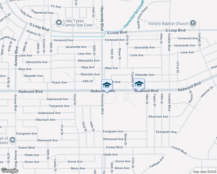 map of restaurants, bars, coffee shops, grocery stores, and more near Redwood Boulevard in California City