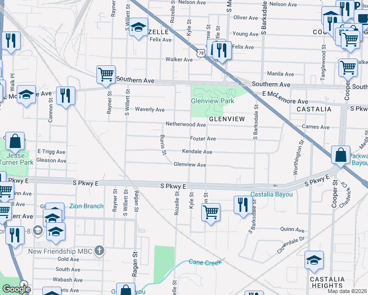 map of restaurants, bars, coffee shops, grocery stores, and more near 1692 Kendale Avenue in Memphis