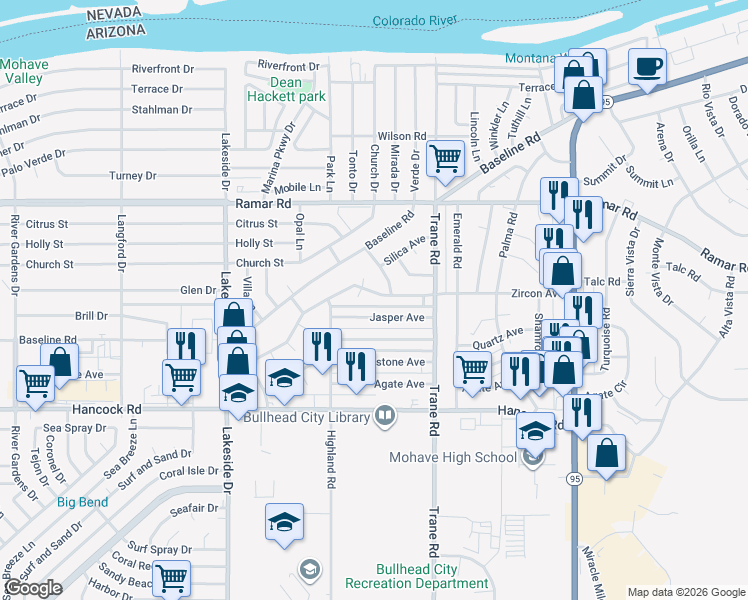map of restaurants, bars, coffee shops, grocery stores, and more near 1595 Garnet Lane in Bullhead City