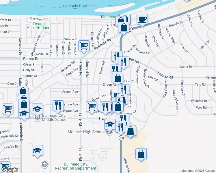 map of restaurants, bars, coffee shops, grocery stores, and more near 1364 Zircon Avenue in Bullhead City