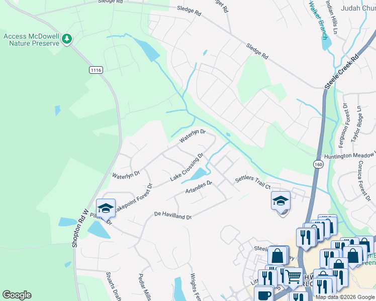map of restaurants, bars, coffee shops, grocery stores, and more near 12723 Settlers Path Lane in Charlotte