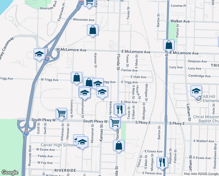 map of restaurants, bars, coffee shops, grocery stores, and more near 1294 Kentucky Street in Memphis