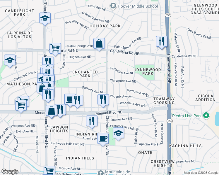 map of restaurants, bars, coffee shops, grocery stores, and more near 2525 Georgene Drive Northeast in Albuquerque