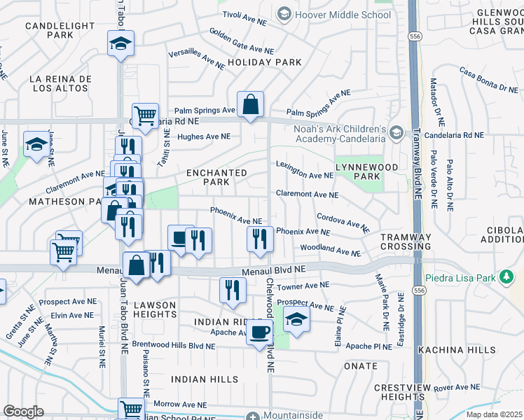 map of restaurants, bars, coffee shops, grocery stores, and more near 2512 Sandler Drive Northeast in Albuquerque