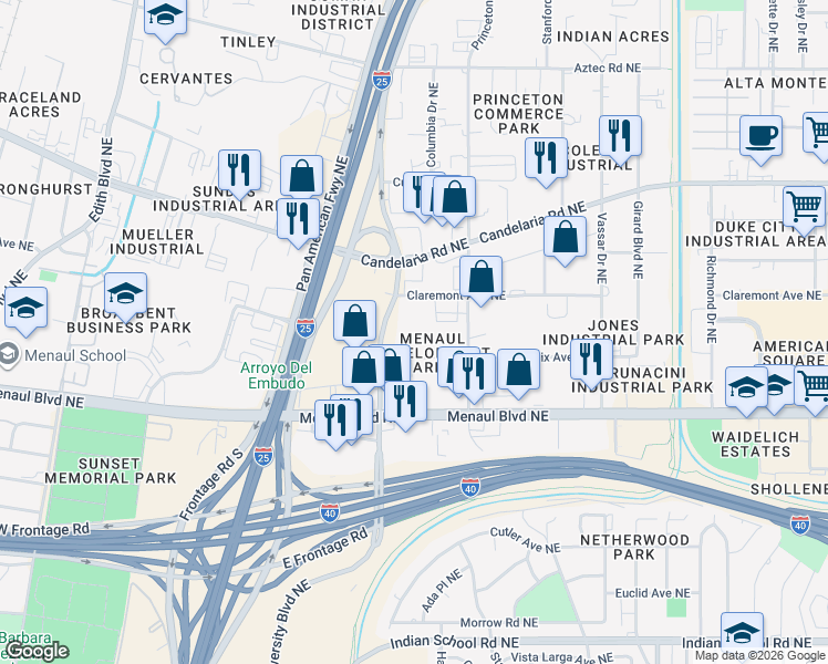 map of restaurants, bars, coffee shops, grocery stores, and more near 2500 University Boulevard Northeast in Albuquerque