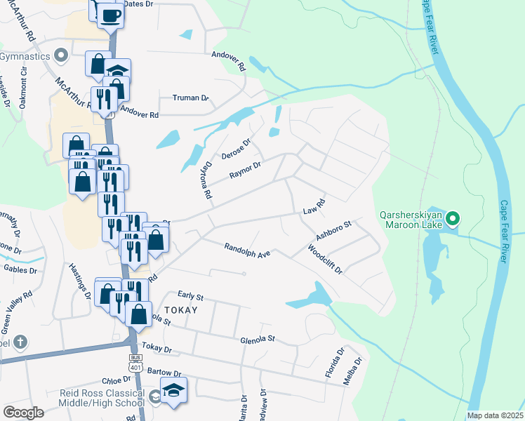 map of restaurants, bars, coffee shops, grocery stores, and more near 609 Law Road in Fayetteville