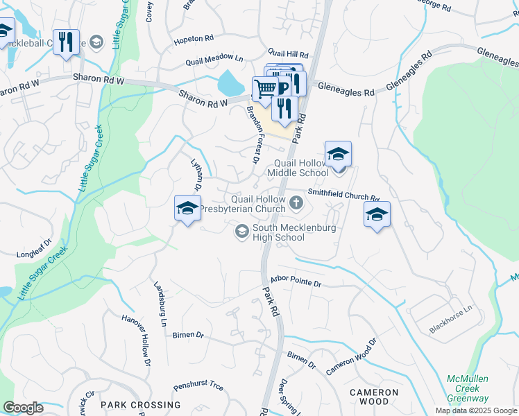 map of restaurants, bars, coffee shops, grocery stores, and more near 8850 Park Road in Charlotte