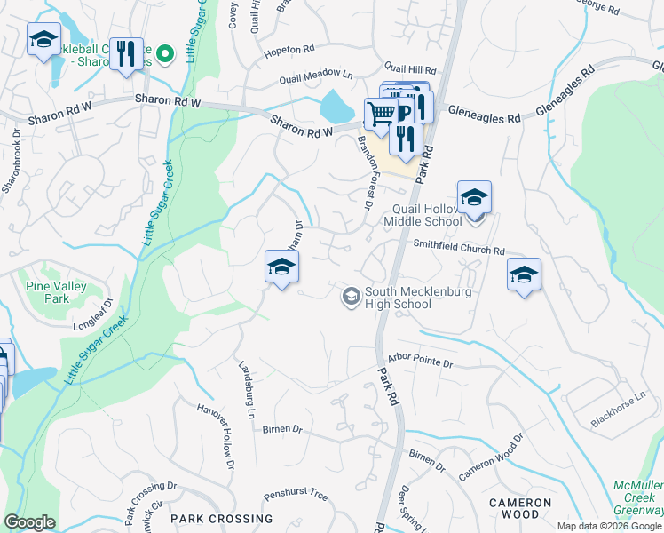 map of restaurants, bars, coffee shops, grocery stores, and more near 2739 Von Thuringer Court in Charlotte