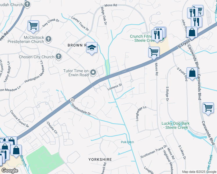 map of restaurants, bars, coffee shops, grocery stores, and more near 13341 Erwin Road in Charlotte