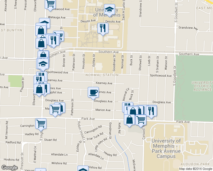 map of restaurants, bars, coffee shops, grocery stores, and more near 3765 Kearney Avenue in Memphis