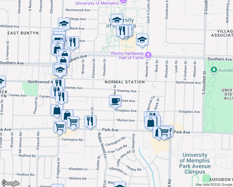 map of restaurants, bars, coffee shops, grocery stores, and more near 709 Echles Street in Memphis
