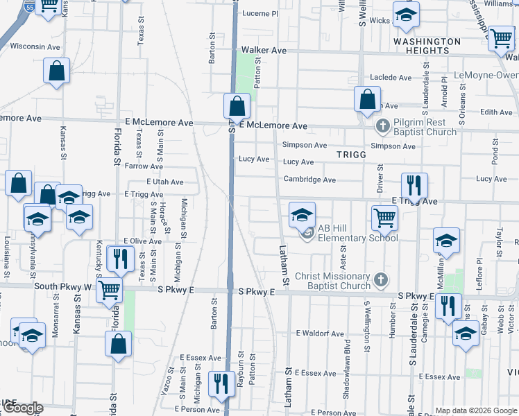 map of restaurants, bars, coffee shops, grocery stores, and more near 251 East Trigg Avenue in Memphis