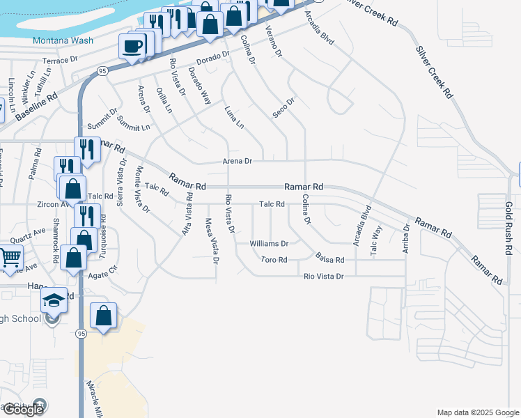 map of restaurants, bars, coffee shops, grocery stores, and more near 1704 Talc Road in Bullhead City