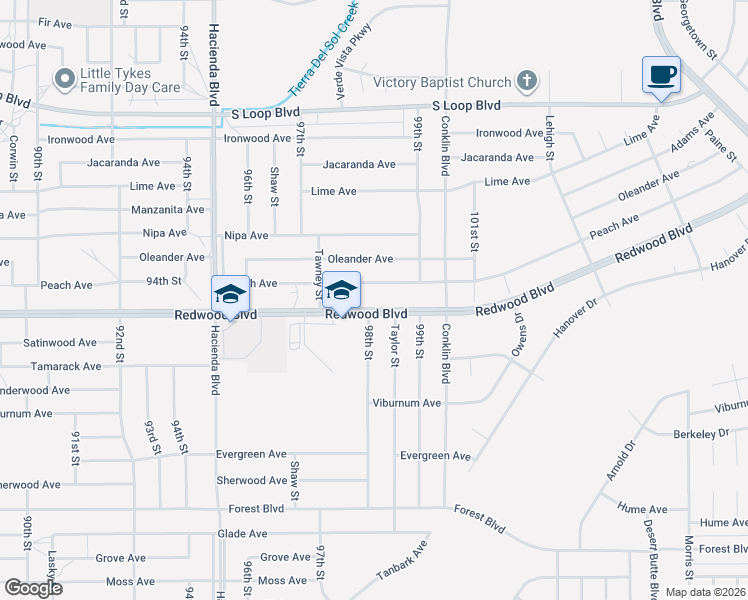 map of restaurants, bars, coffee shops, grocery stores, and more near 9961 Redwood Boulevard in California City