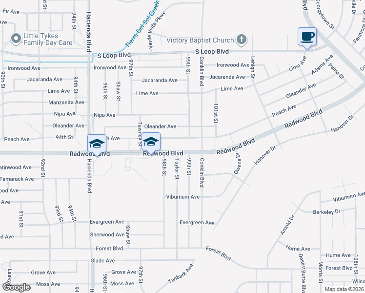 map of restaurants, bars, coffee shops, grocery stores, and more near 9925 Redwood Boulevard in California City