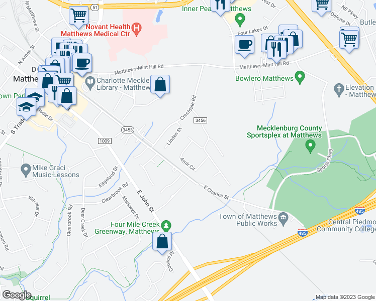 map of restaurants, bars, coffee shops, grocery stores, and more near 221 Amir Circle in Matthews