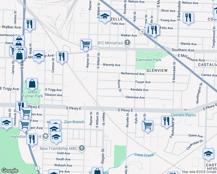 map of restaurants, bars, coffee shops, grocery stores, and more near 1606 Kendale Avenue in Memphis