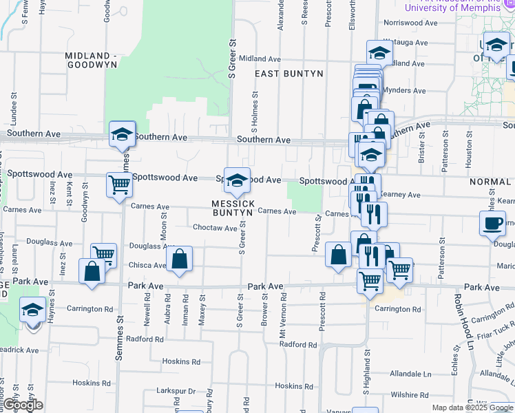 map of restaurants, bars, coffee shops, grocery stores, and more near 732 South Greer Street in Memphis
