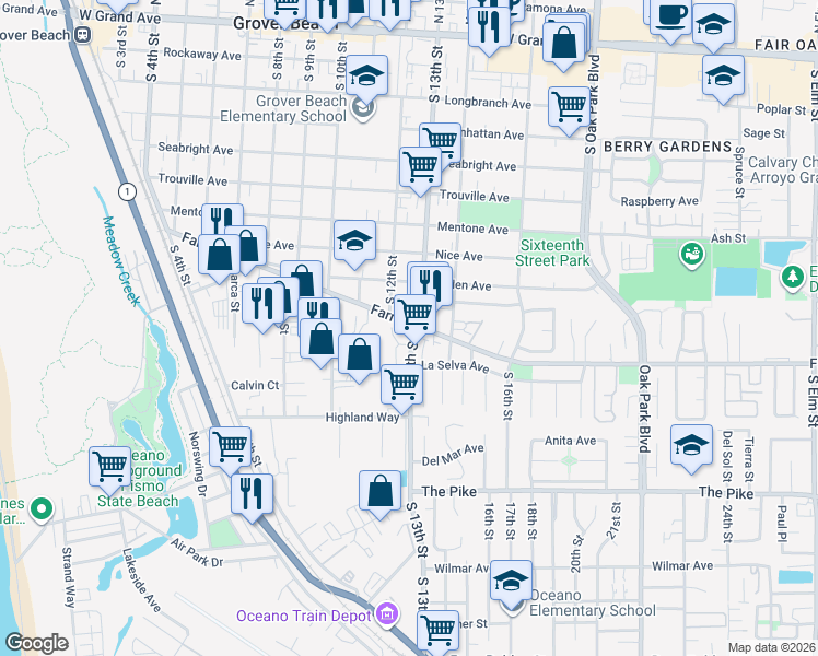 map of restaurants, bars, coffee shops, grocery stores, and more near 1278 Farroll Road in Grover Beach