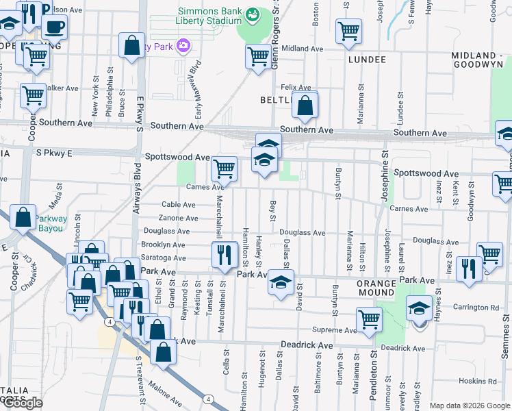 map of restaurants, bars, coffee shops, grocery stores, and more near 738 Hamilton Street in Memphis