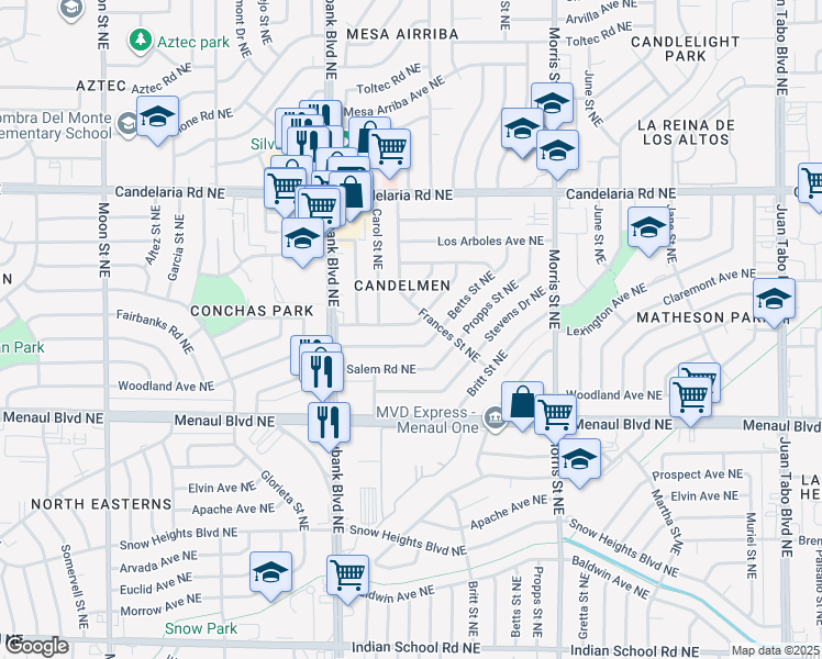 map of restaurants, bars, coffee shops, grocery stores, and more near 10004 Claremont Avenue Northeast in Albuquerque