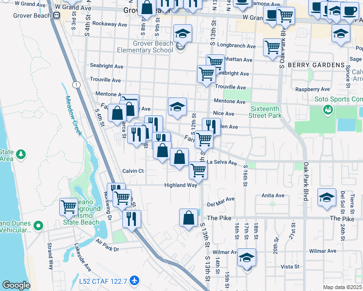 map of restaurants, bars, coffee shops, grocery stores, and more near 1150 Farroll Road in Grover Beach