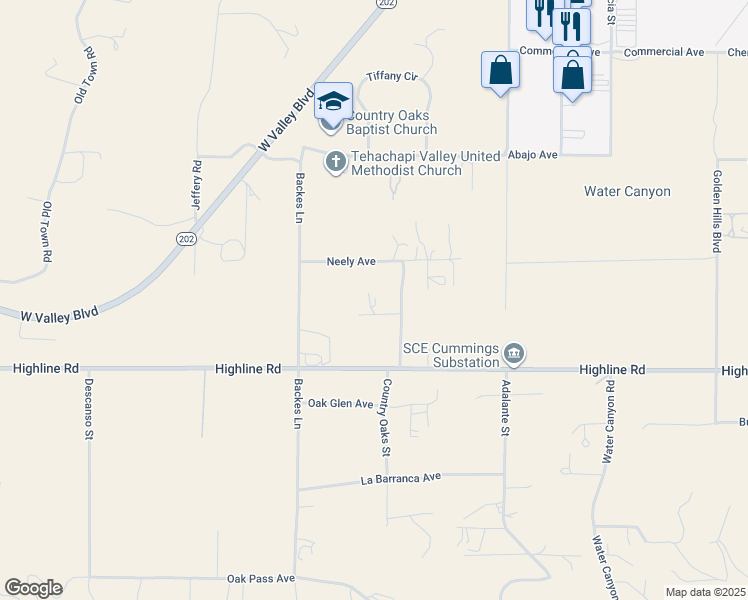 map of restaurants, bars, coffee shops, grocery stores, and more near 20139 Hayfield Lane in Tehachapi