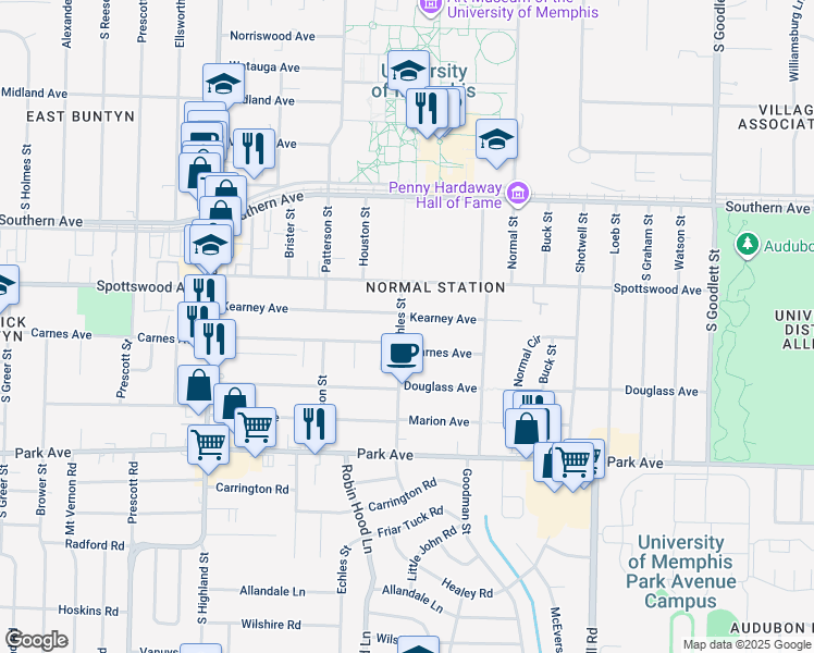 map of restaurants, bars, coffee shops, grocery stores, and more near 709 Echles Street in Memphis
