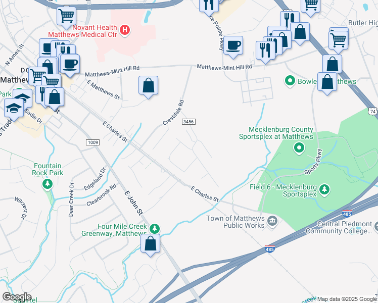 map of restaurants, bars, coffee shops, grocery stores, and more near 738 Ablow Drive in Matthews