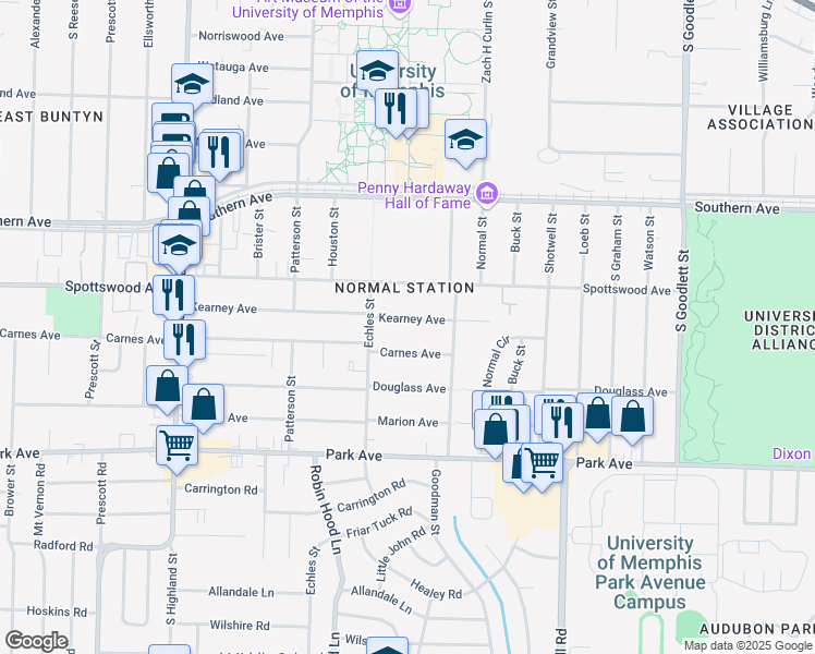 map of restaurants, bars, coffee shops, grocery stores, and more near 3765 Kearney Avenue in Memphis