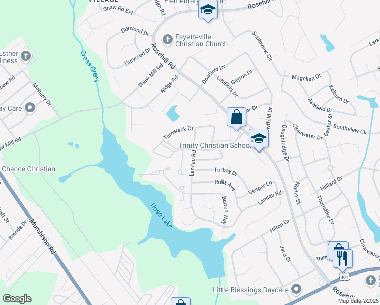 map of restaurants, bars, coffee shops, grocery stores, and more near 1199 Landau Road in Fayetteville