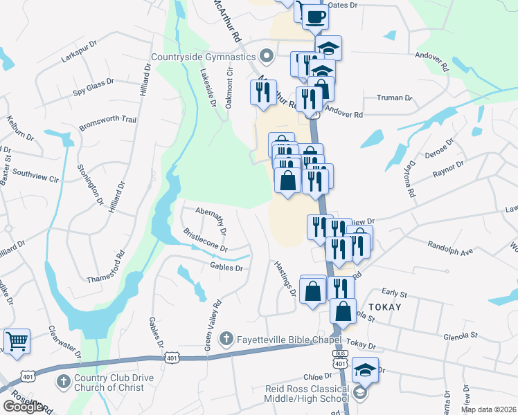 map of restaurants, bars, coffee shops, grocery stores, and more near 3652 Hastings Drive in Fayetteville