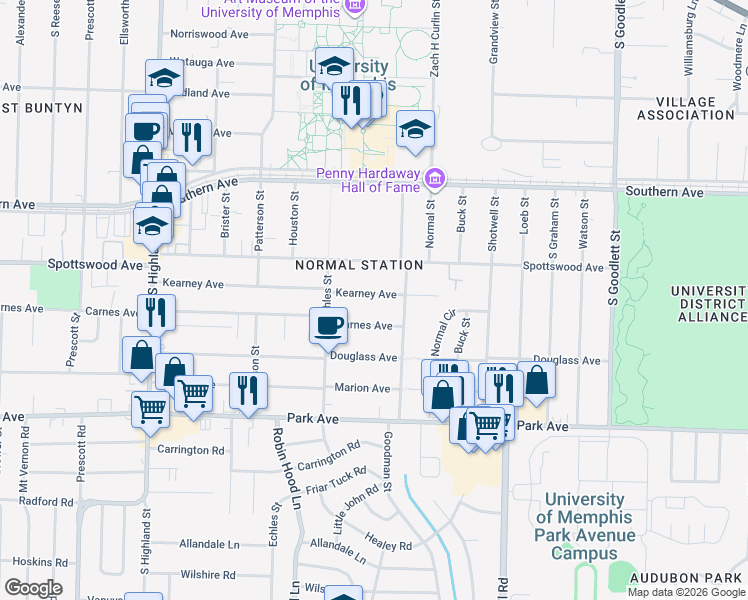 map of restaurants, bars, coffee shops, grocery stores, and more near 3765 Kearney Avenue in Memphis