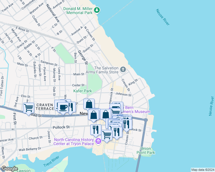 map of restaurants, bars, coffee shops, grocery stores, and more near 515 Queen Street in New Bern