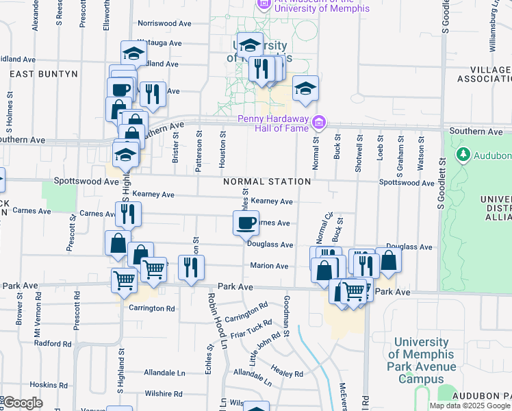 map of restaurants, bars, coffee shops, grocery stores, and more near 3765 Kearney Avenue in Memphis