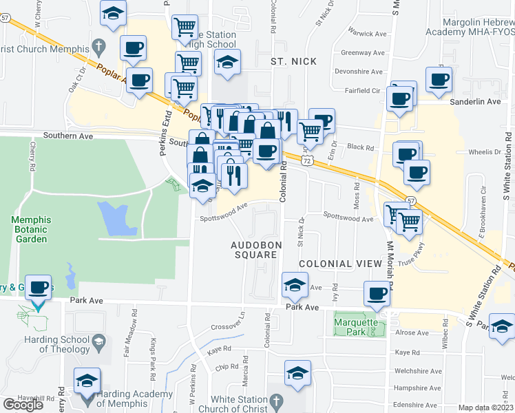 map of restaurants, bars, coffee shops, grocery stores, and more near 815 Creekside Drive in Memphis