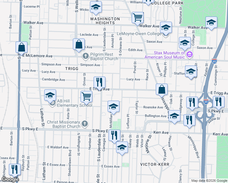 map of restaurants, bars, coffee shops, grocery stores, and more near 619 East Trigg Avenue in Memphis