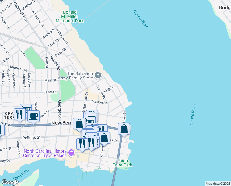 map of restaurants, bars, coffee shops, grocery stores, and more near 608 East Front Street in New Bern