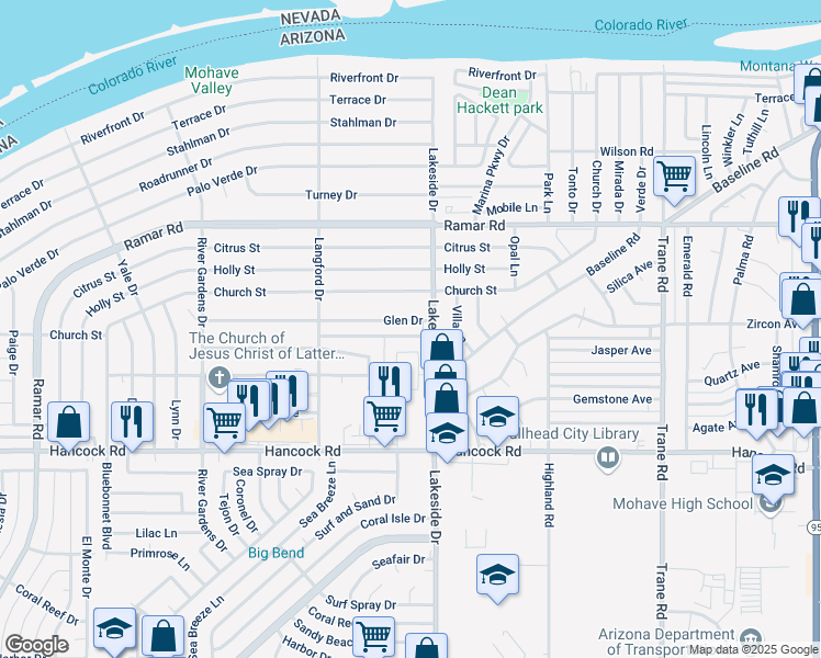 map of restaurants, bars, coffee shops, grocery stores, and more near 976 Glen Drive in Bullhead City