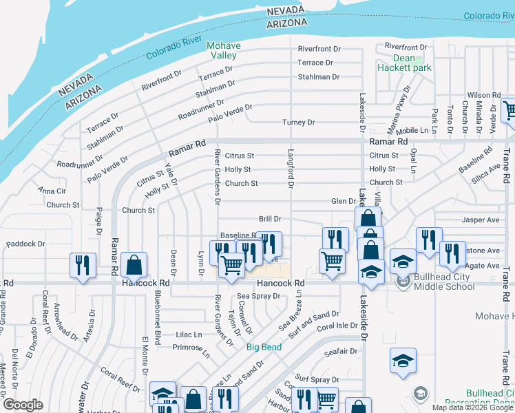 map of restaurants, bars, coffee shops, grocery stores, and more near 818 Glen Drive in Bullhead City