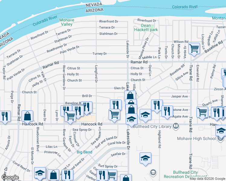 map of restaurants, bars, coffee shops, grocery stores, and more near 942 Glen Dr in Bullhead City